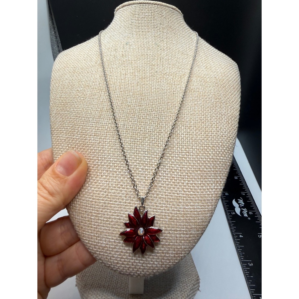 Red Enamel Poinsettia Flower Necklace Silver Tone Holiday‎ Glitter Rhinestone